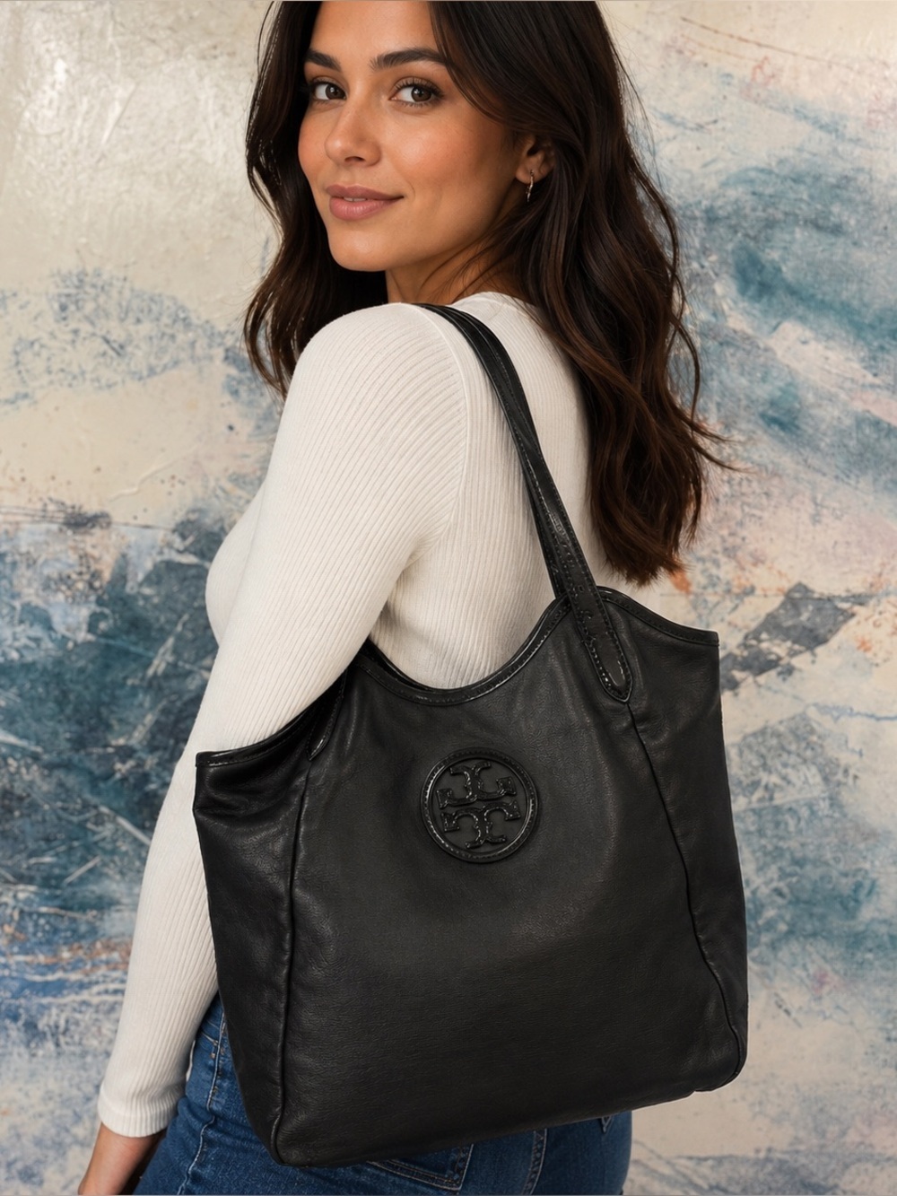 Tory Burch Tote Coated Canvas Patent Leather Logo Foldable Lightweight  NICE 🔥
